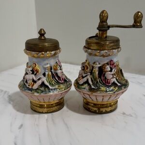 Vintage Made in Italy Ceramic Salt & Pepper Set w/ Grinder – Figural Design
